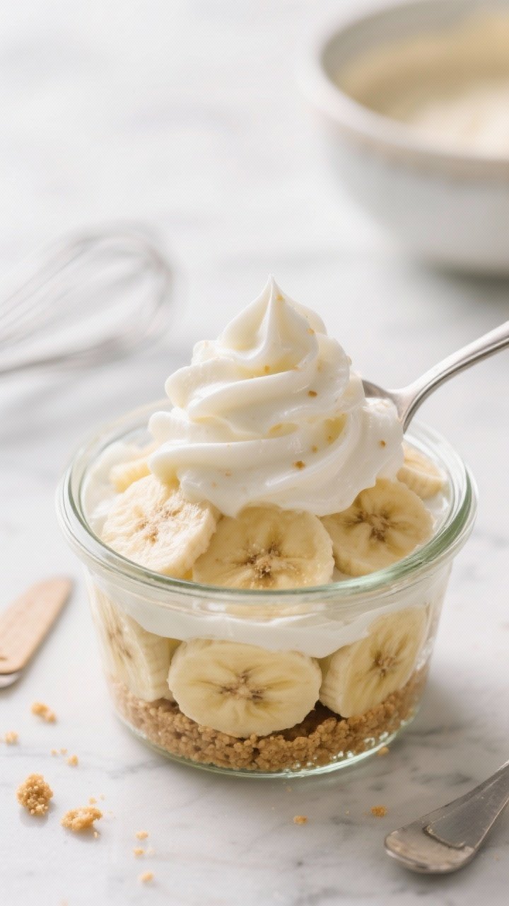 Close-up detail shot of a prepared No-Bake Banana Cream Pie Cup mid-assembly: a clear glass jar with