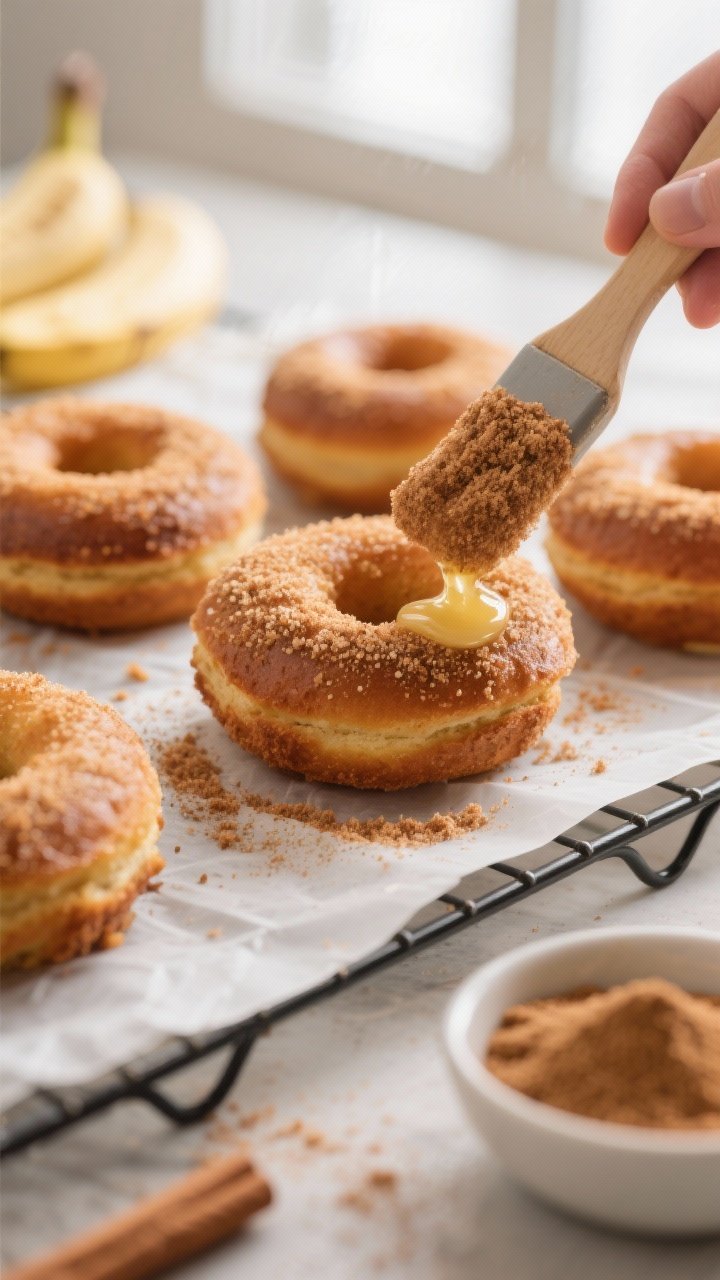 Close-up detail shot of freshly baked banana bread donuts being brushed with melted butter and rolle
