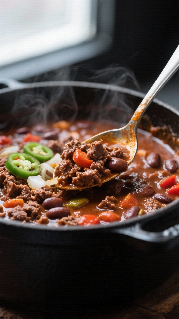 Close-up detail shot of spoon-coating beef chili simmering in a matte black Dutch oven: glistening t