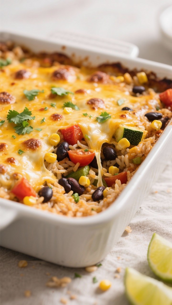 Close-up detail shot of the baked Mexican veggie rice casserole just out of the oven: bubbling melty