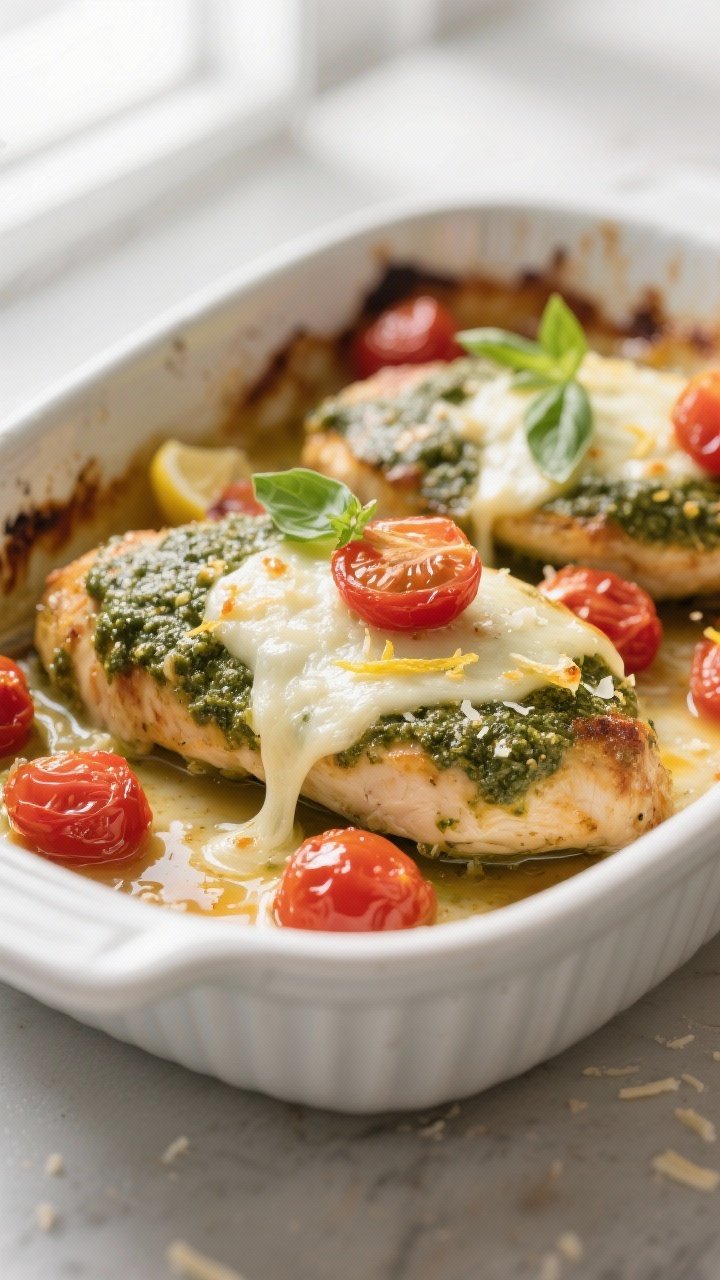 Close-up detail shot of the baked pesto chicken just out of the oven: melted low-moisture mozzarella
