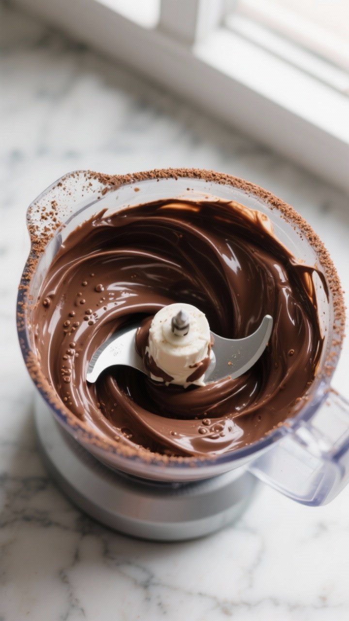 Close-up detail shot: Silky chocolate cottage cheese protein mousse mid-blend in a high-speed blende