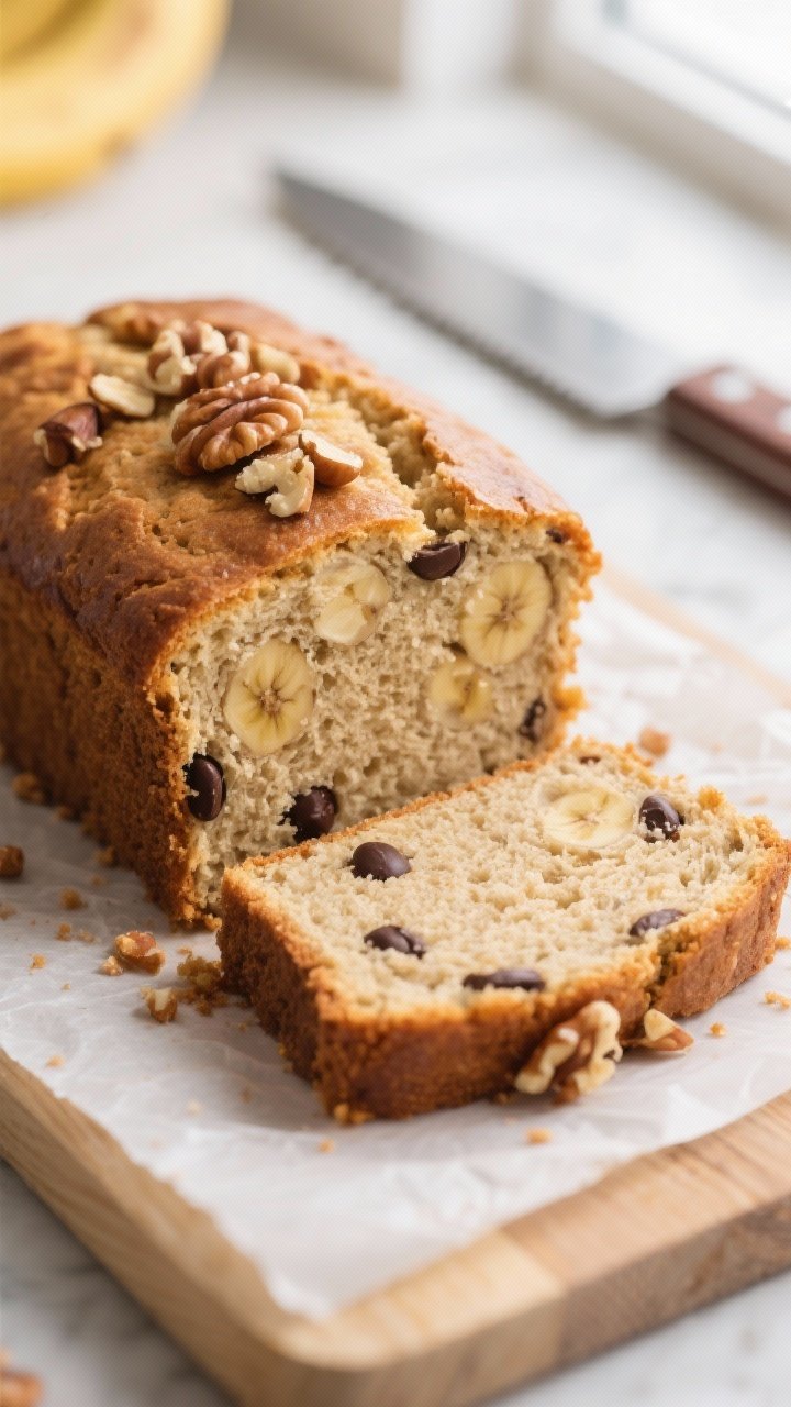 Close-up detail shot: Thick slice of almond flour high-protein banana bread just cut, showing tender