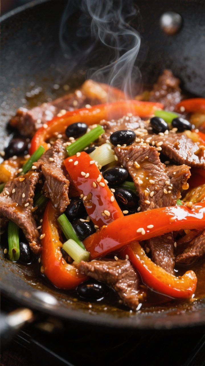 Close-up detail: Sizzling lean beef strips and bell pepper ribbons in a wok mid-cook, glossy umami s