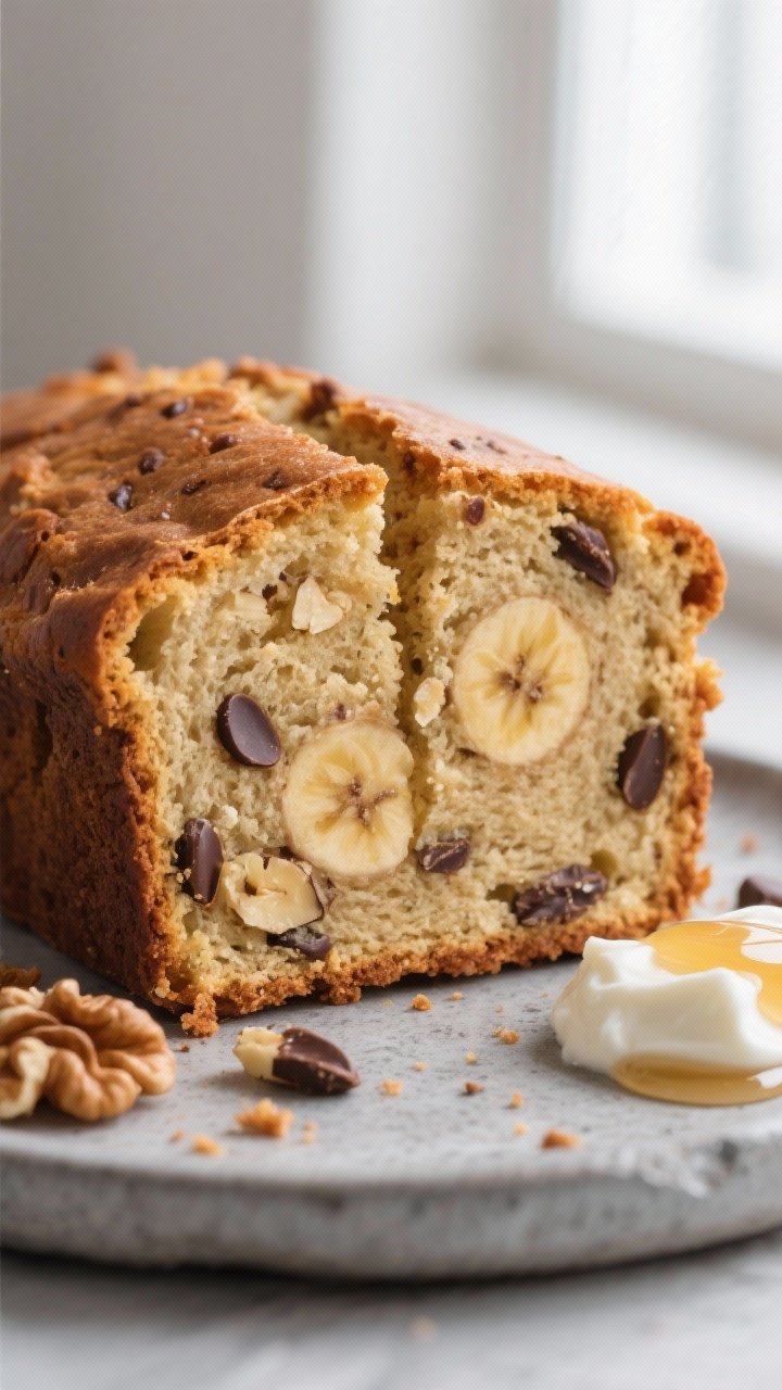 Close-up detail: Slice of moist high-protein banana bread just cut from the loaf, showing tender cru