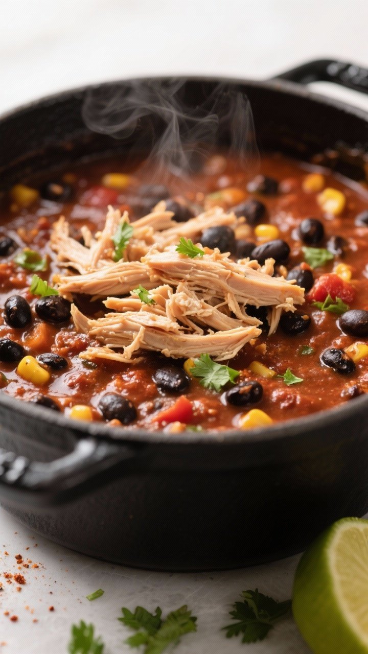 Close-up detail: Slow-cooked black bean & chicken chili just after shredding the chicken and stirrin