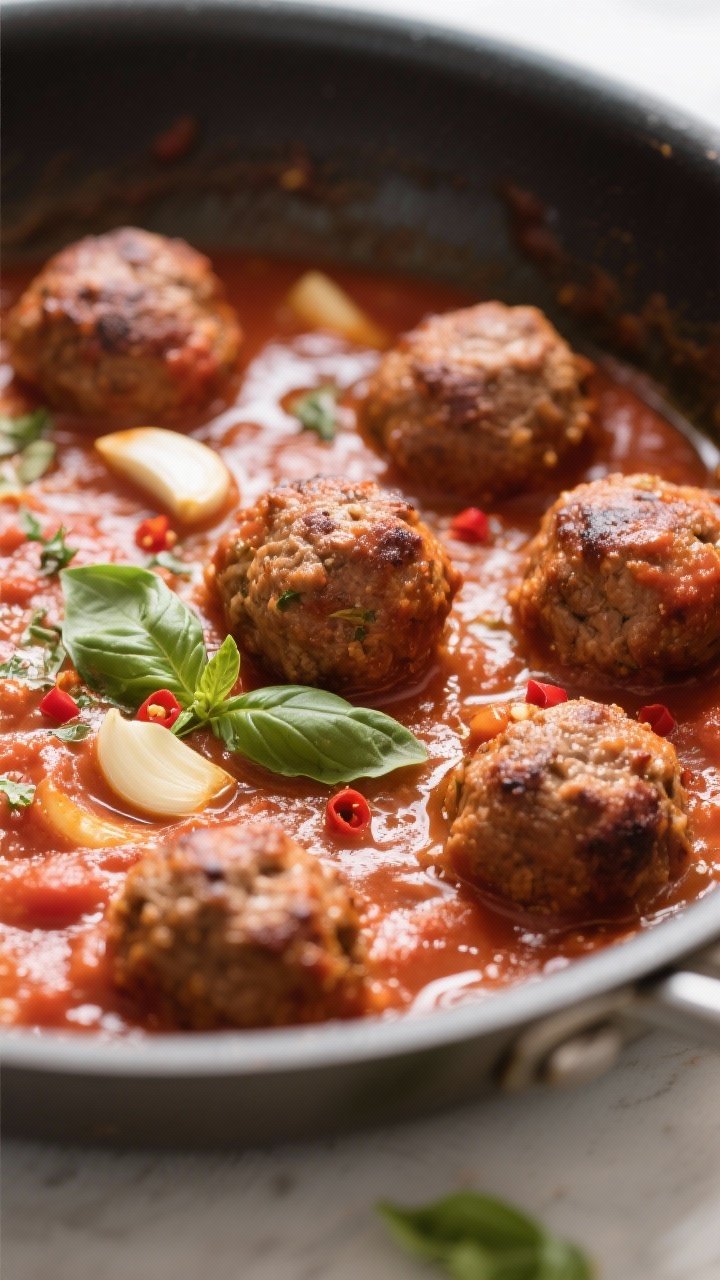 Close-up detail: Tender, browned meatballs simmering in a rich, glossy marinara in a wide, shallow p