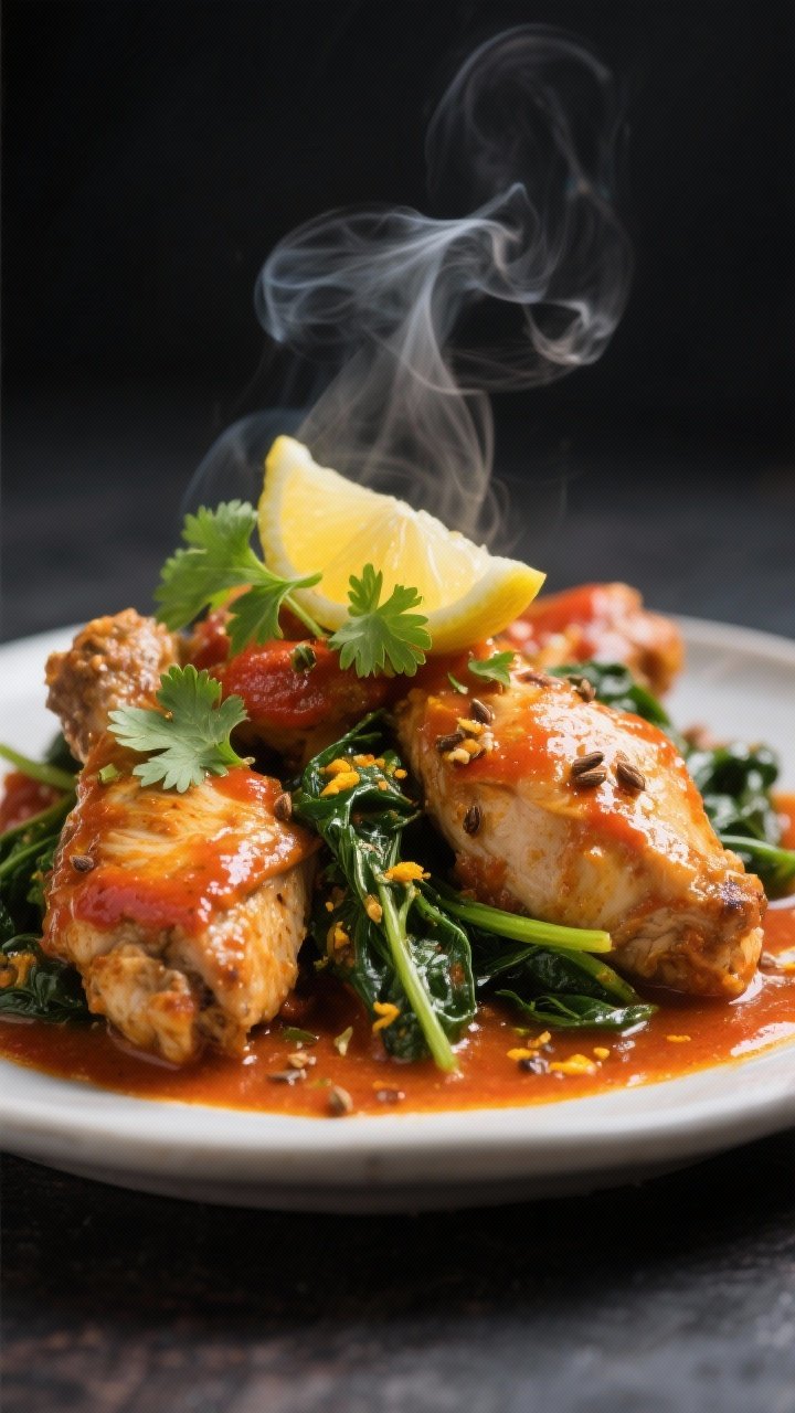 Close-up detail: Tender slow-cooked chicken pieces coated in a glossy tomato-coconut curry sauce, ri