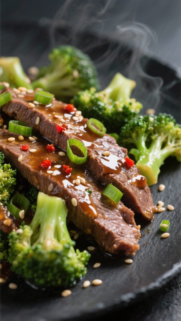 Close-up detail: Tender, thin-sliced slow-cooker beef coated in a glossy soy-ginger-garlic sauce, ta