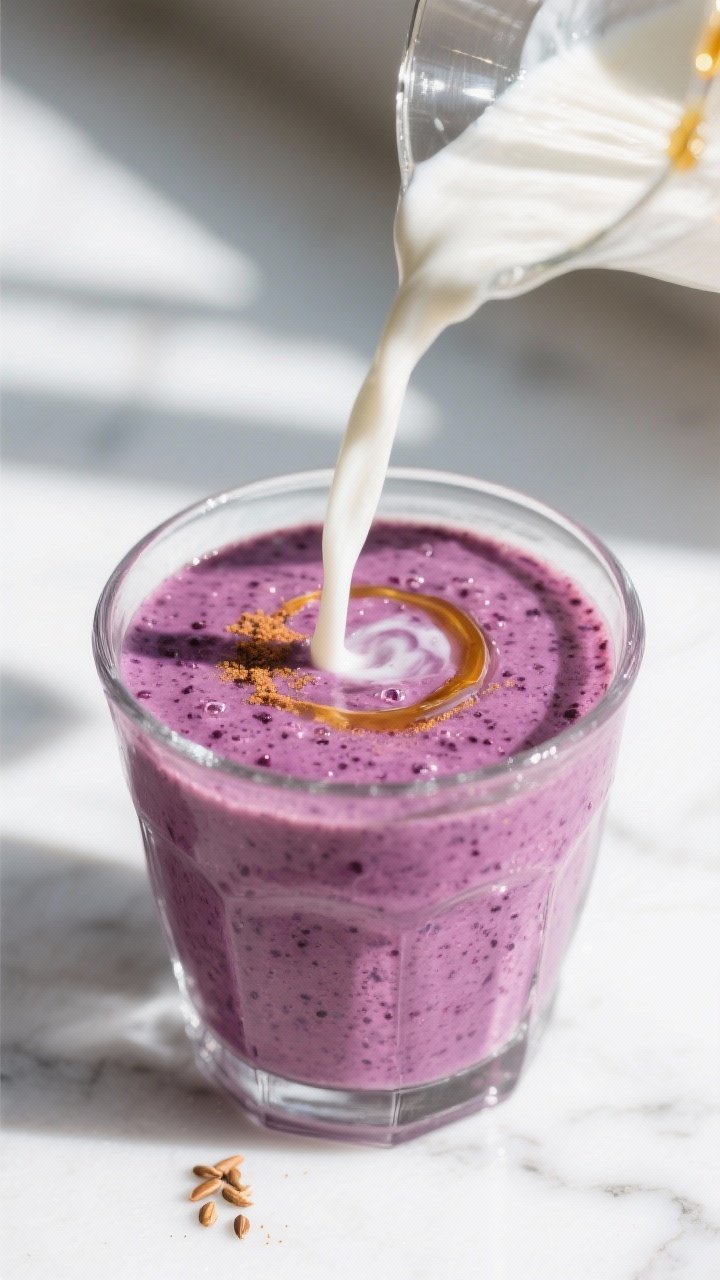 Close-up detail: Thick, freshly blended Berry Flaxseed Gut-Health Smoothie being poured in a slow ri