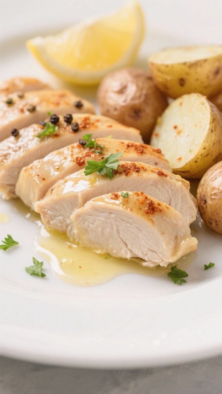 Close-up detail: Ultra-close shot of a sliced chicken breast revealing juicy interior, glistening wi