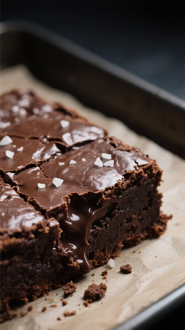 Close-up detail: Ultra-fudgy brownie square just cut from the pan, showcasing a crackly, shiny top a