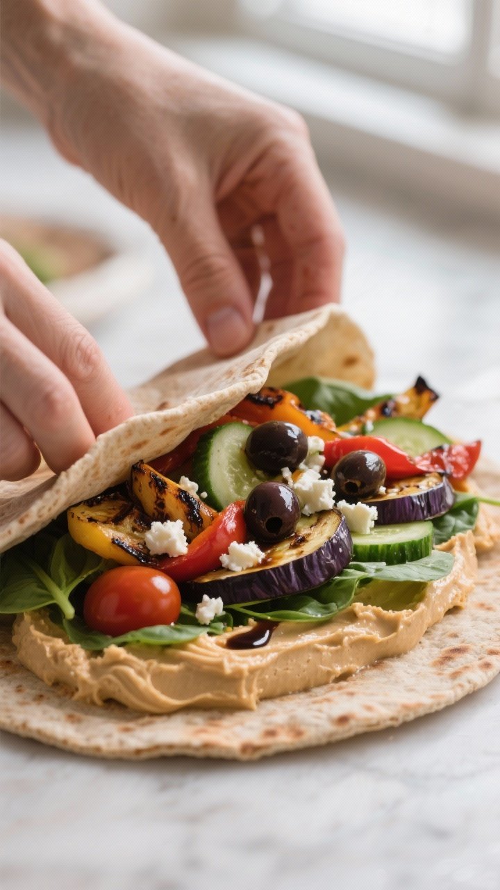 Close-up detail, wrap assembly: Close-up of a whole-wheat flatbread being assembled with a thick, cr