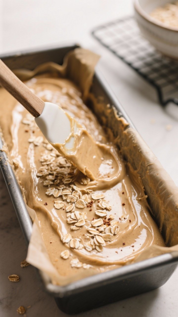 Close-up process shot: Thick oat-honey batter being smoothed into a parchment-lined 9x5-inch loaf pa
