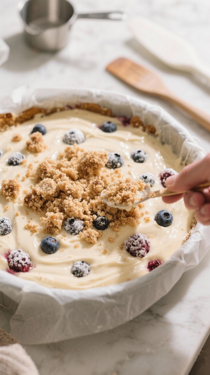 Cooking process action: Batter spread evenly in a parchment-lined round pan with floured fresh berri