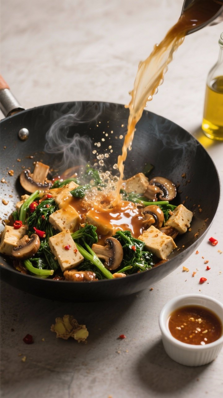 Cooking process: Action shot of the sauce hitting the sizzling stir-fry in a large wok—soy, rice v