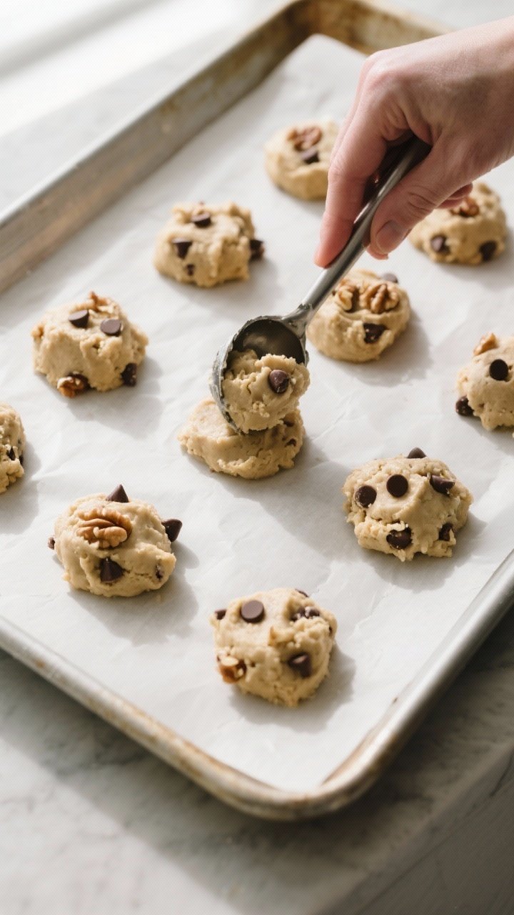 Cooking process: Chilled cookie dough scoops being portioned and lightly flattened on a parchment-li