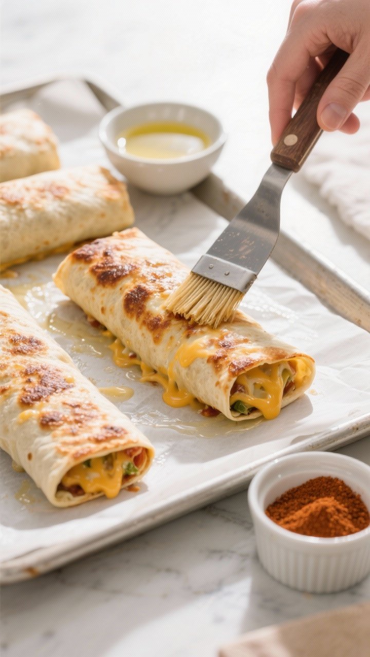 Cooking process: Chimichangas arranged seam-side down on a parchment-lined, lightly oiled baking she