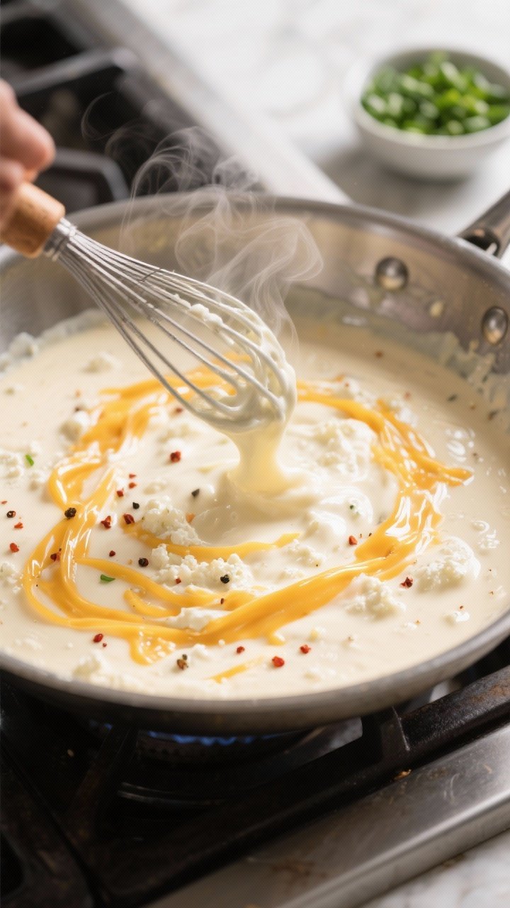 Cooking process close-up: A silky, thickening cheese sauce being whisked in a wide stainless-steel s