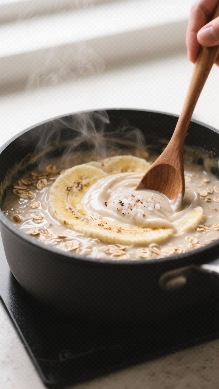 Cooking process close-up: Creamy banana bread oats simmering in a small matte black saucepan over me