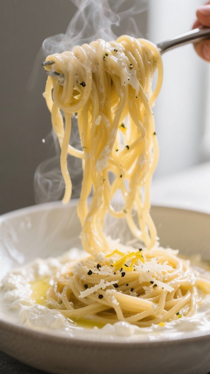 Cooking process, close-up detail: A tight, steamy shot of al dente spaghetti just lifted from a pot,