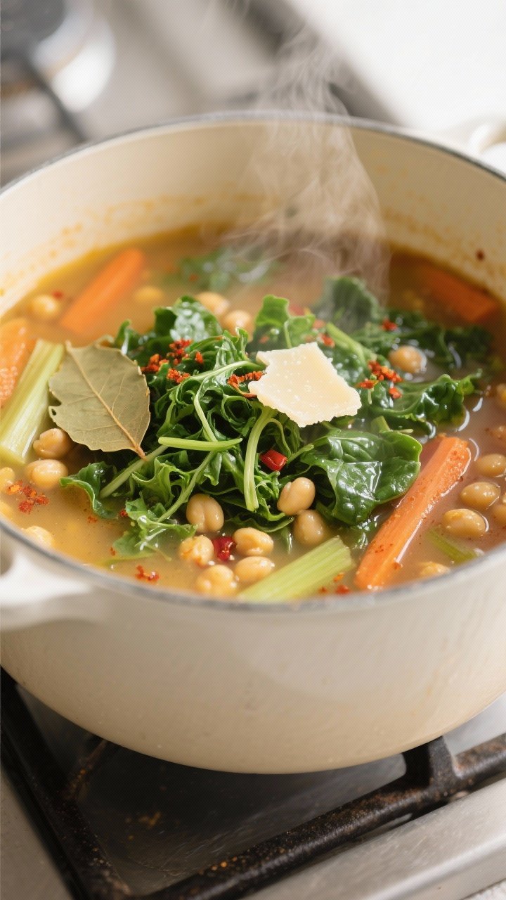 Cooking process, close-up detail: Close-up of a simmering pot of Mediterranean spring soup as choppe