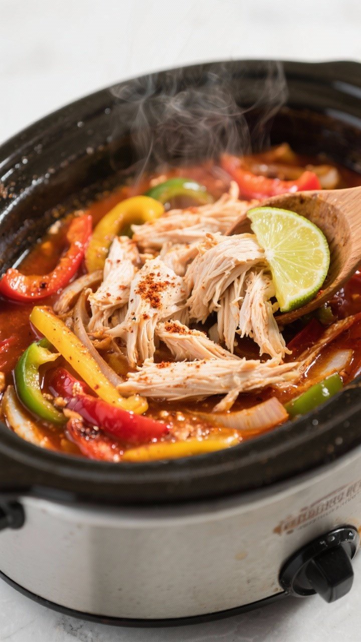 Cooking process, close-up detail: Close-up of tender shredded chicken being folded back into a slow 