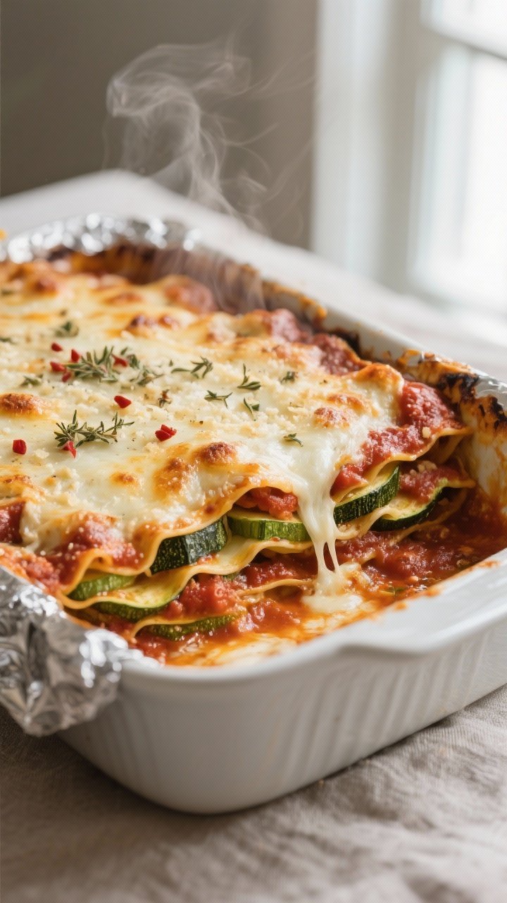 Cooking process, close-up detail: Close-up of the zucchini lasagna-style bake just out of the oven w