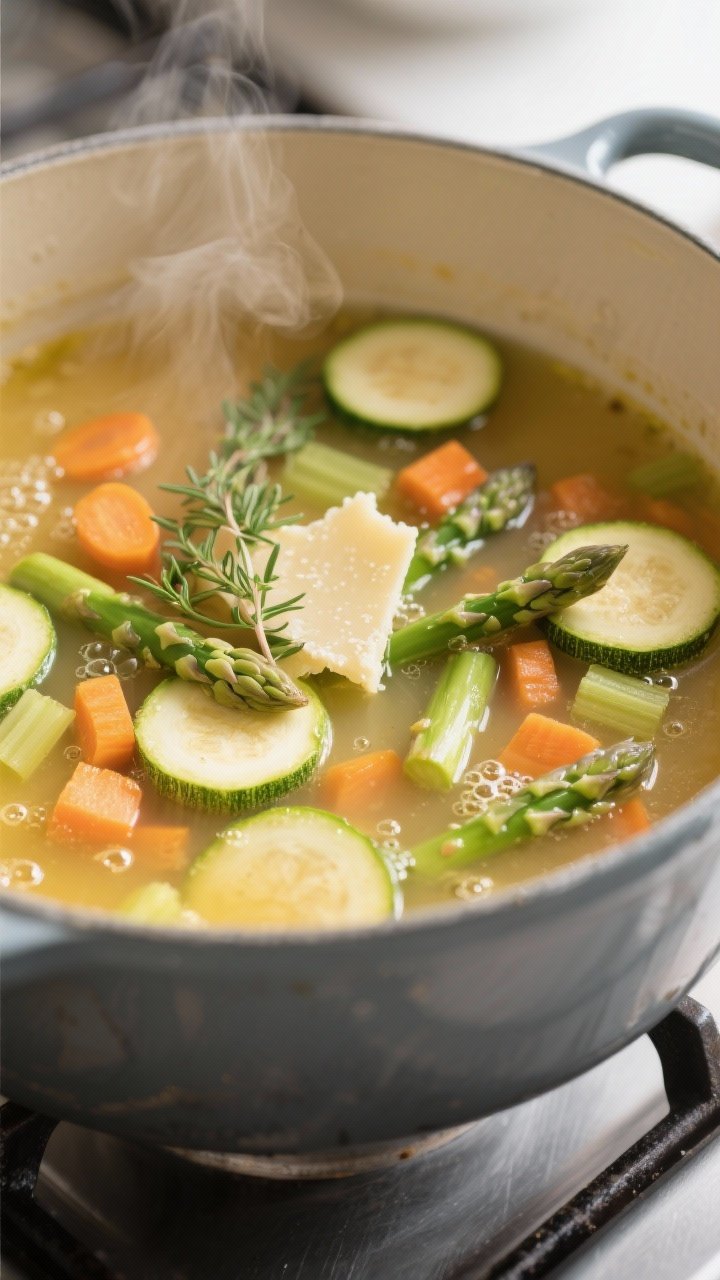 Cooking process, close-up detail: Shallow-depth-of-field shot of the soup simmering in a wide, matte
