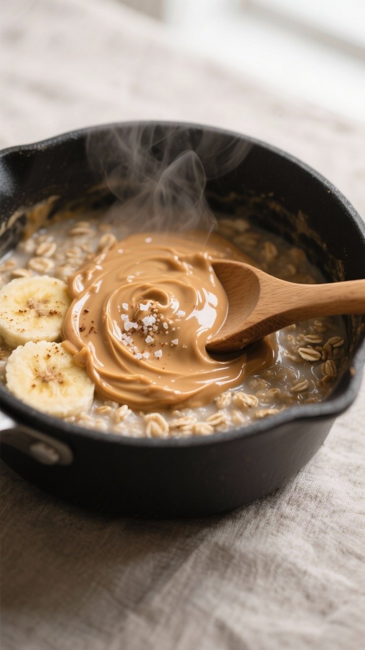 Cooking process, close-up detail: Thick, creamy peanut butter banana oatmeal simmering in a small ma
