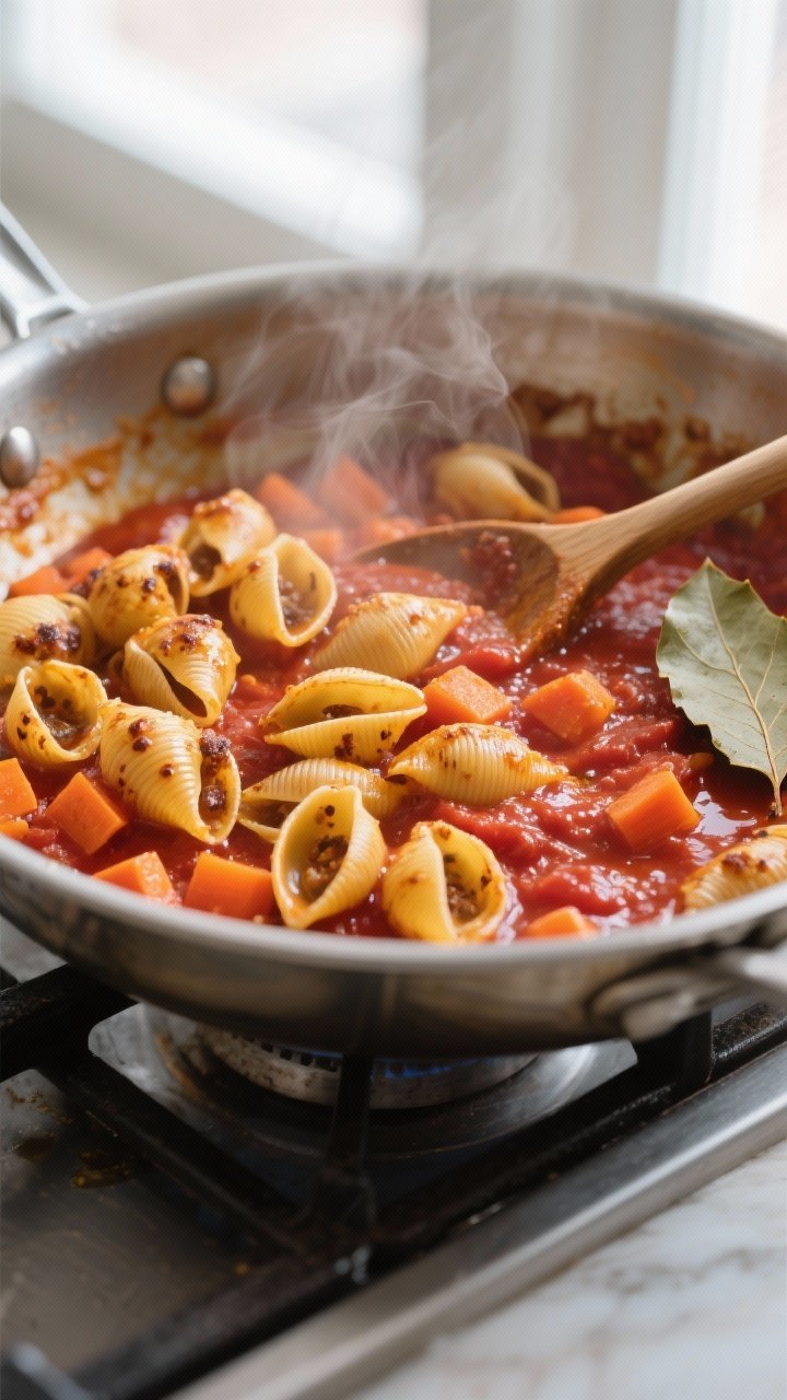 Cooking process close-up: Golden-toasted small pasta shells sizzling in a wide, heavy pot as the ble