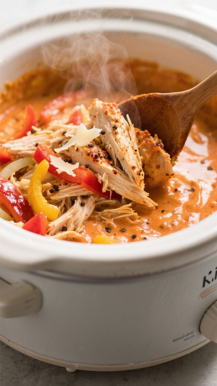 Cooking process close-up: Shredded Cajun-seasoned chicken being folded back into a silky, orange-tin