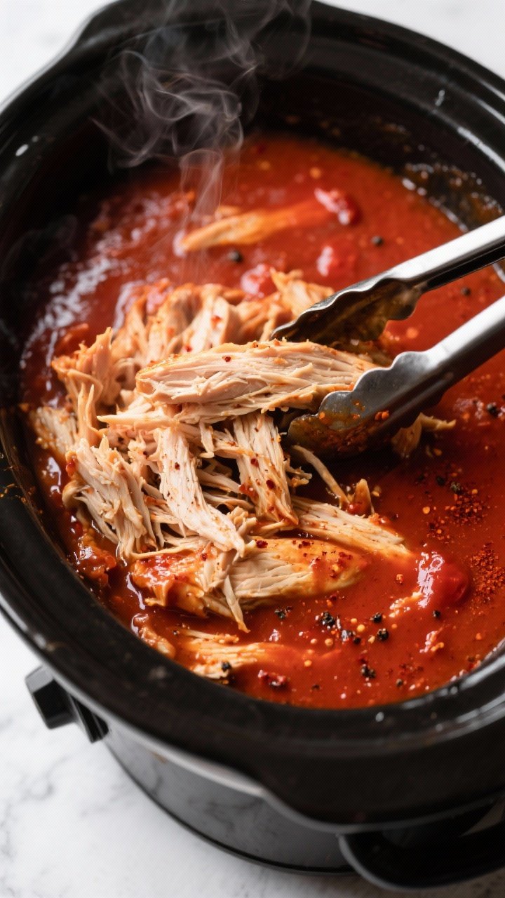 Cooking process close-up: Shredded pulled chicken simmering in a slow cooker, glistening in a thick,