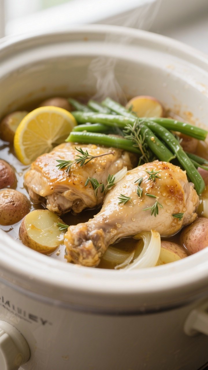 Cooking process close-up: Slow cooker lemon herb chicken mid-cook on Low, thighs nestled over tender