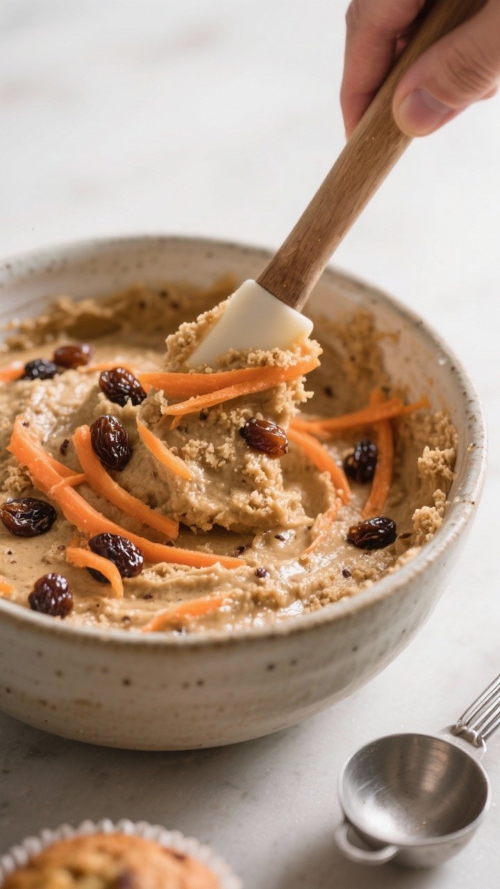 Cooking process close-up: Thick, lumpy carrot raisin muffin batter being folded with a spatula in a