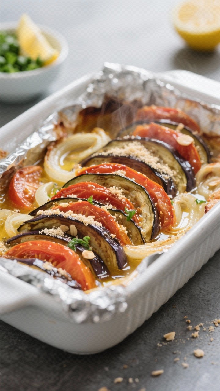 Cooking process – Eggplant & Tomato Bake just after foil is removed: bubbling, caramelized tomato 