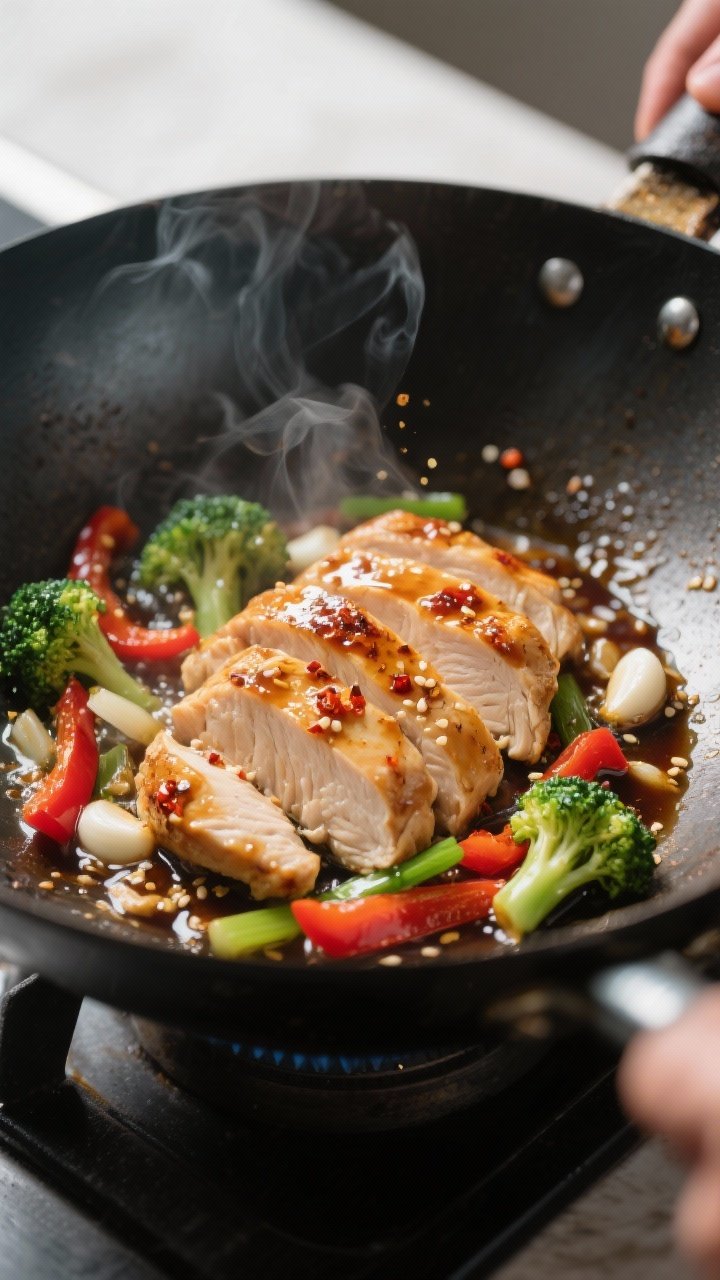 Cooking process — garlic ginger chicken sear: Sizzling wok shot of thinly sliced chicken breast ju