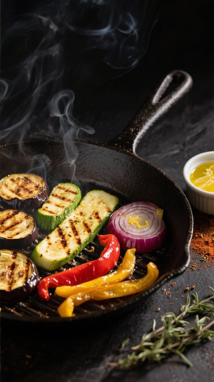 Cooking process, grill action: Mediterranean grilled vegetables sizzling on a hot cast-iron grill pa