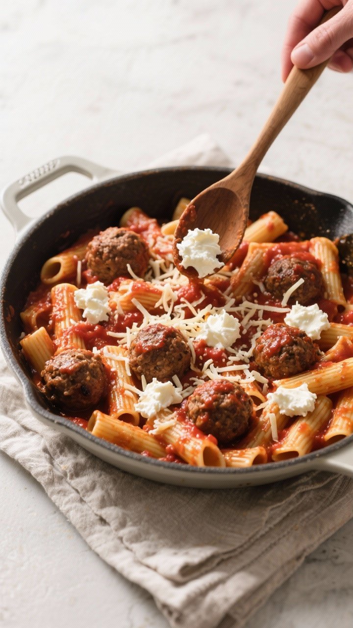 Cooking process: Meatball pasta being assembled in a large oven-safe skillet—sauced rigatoni tosse