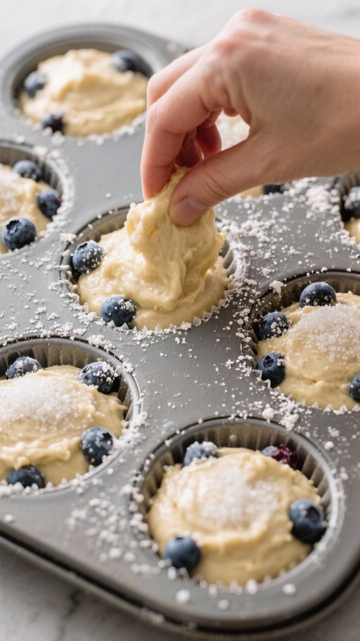 Cooking process: muffin batter being portioned into a spaced-out, lined muffin tin, cups filled near