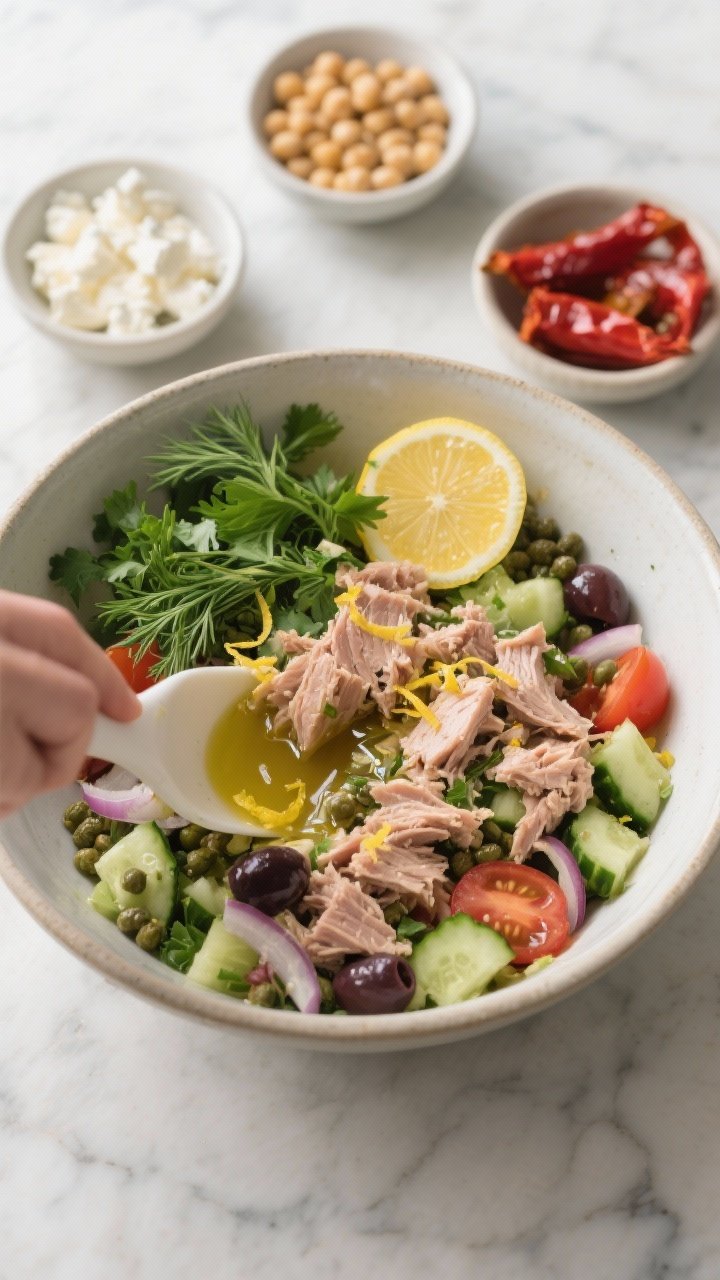 Cooking process, overhead: Large mixing bowl with the prepared Mediterranean tuna salad being gently