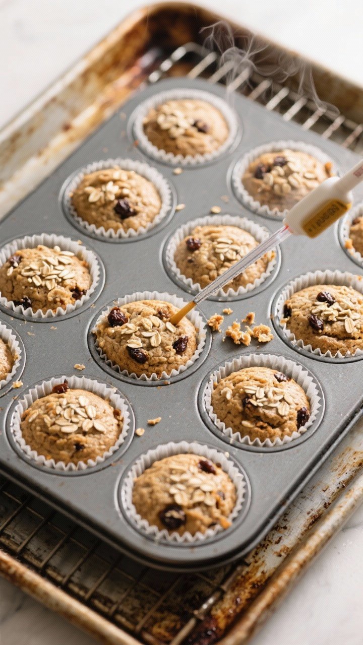 Cooking process: Overhead shot of a 12-cup muffin tin fresh from the oven, each cup filled with even