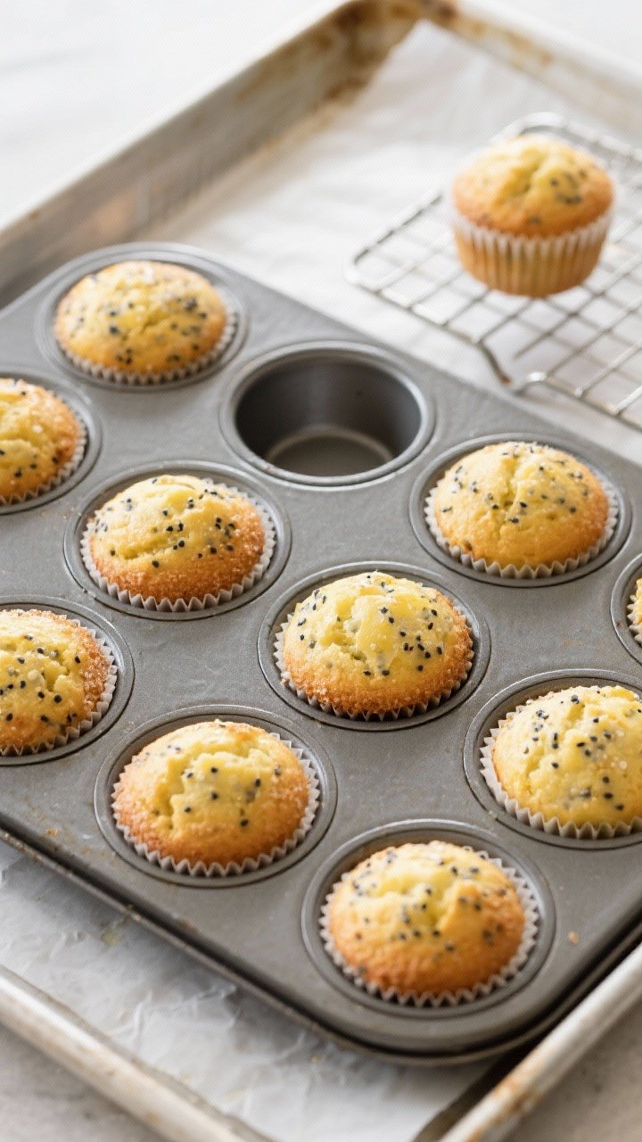 Cooking process: Overhead shot of a 12-cup muffin tin just out of the oven, domed lemon poppy seed m