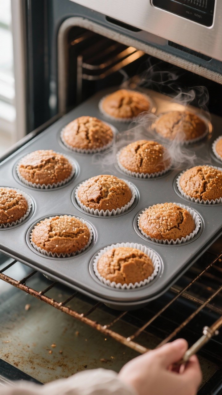 Cooking process: Overhead shot of a 12-cup muffin tin fresh out of the oven on a center rack pulled 
