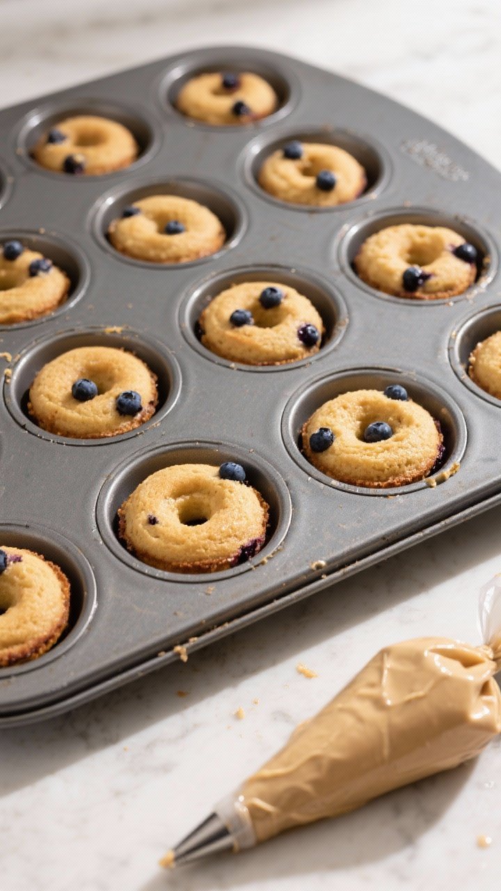 Cooking process: Overhead shot of a donut pan just out of the oven with golden, set blueberry cake d