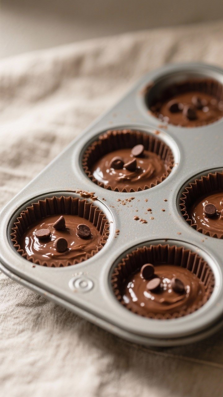 Cooking process: Overhead shot of a mini muffin tin filled 3/4 full with glossy, thick brownie batte
