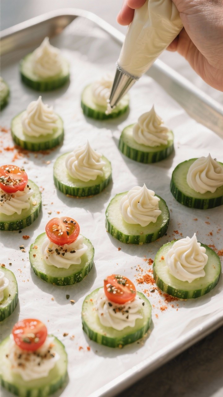 Cooking process: Overhead shot of assembly in progress—neatly sliced 1/2-inch English cucumber rou