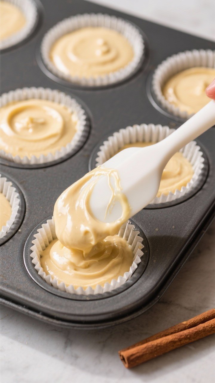 Cooking process: Overhead shot of cupcake batter being portioned into paper-lined muffin tin, each c