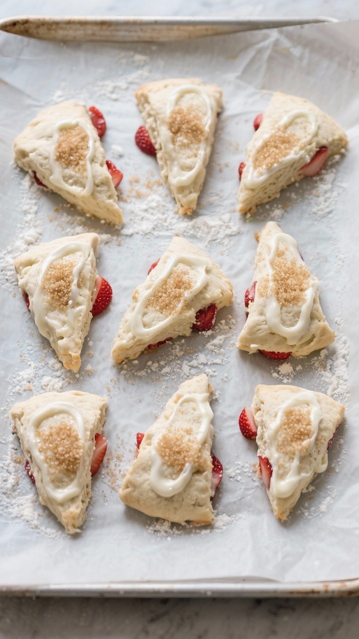 Cooking process: Overhead shot of eight chilled, cut scone wedges on a parchment-lined baking sheet,