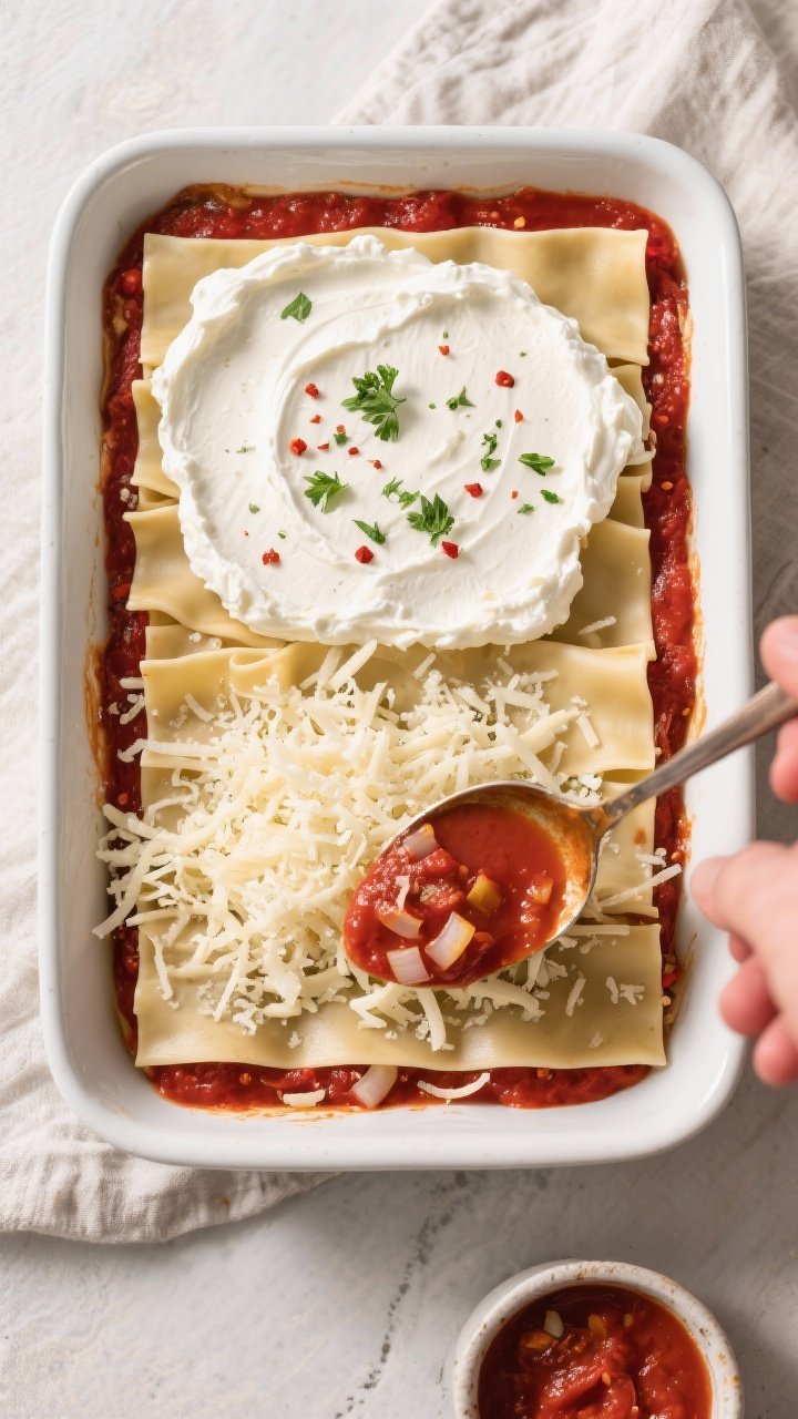 Cooking process: Overhead shot of lasagna assembly mid-layer in a 9x13 dish—no-boil noodles slight